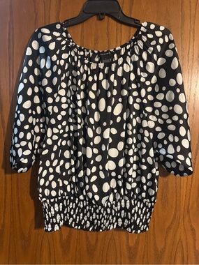 Spense Black and White Polka Dot Peasant Top